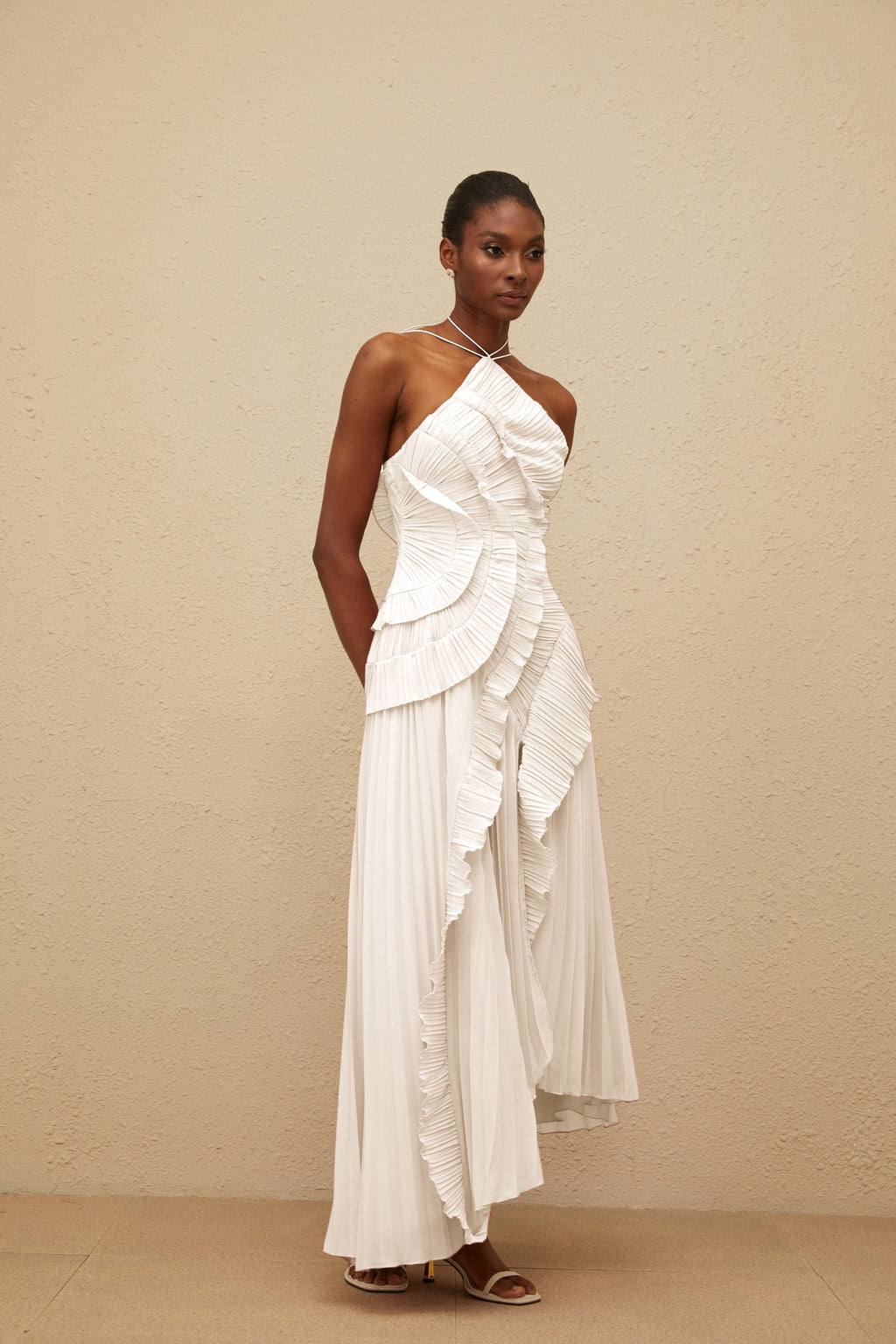 Doux White Ruffled Trim Pleated Midi Dress