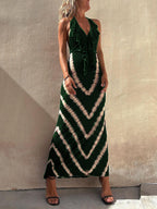 Chevron Print Ruffle Halter Neck Deep V-Neck Bodycon Maxi Dress