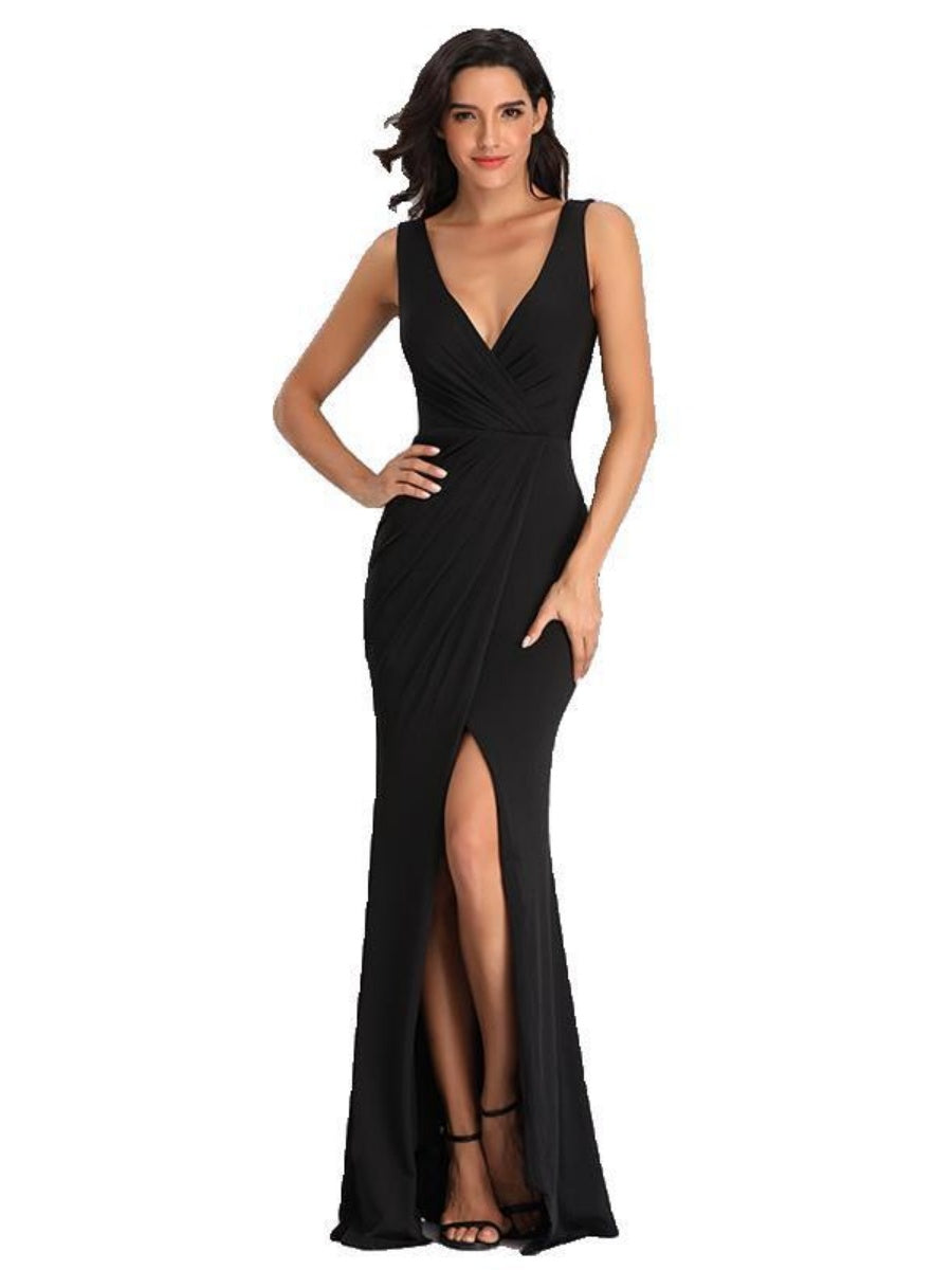 Sleeveless V-neck Slit Formal Dress Maxi Dresses