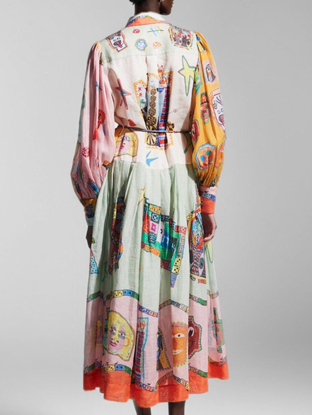Floral Print Bohemia Polo Collar Lantern Sleeves Maxi Dresses