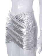 PVC Glossy Patent Leather Cross Pleats Sexy Short Skirt
