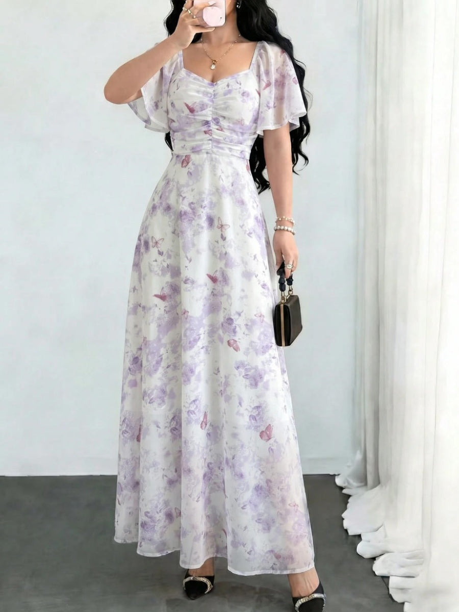Floral Lotus Leaf Sleeves Sweetheart Collar Vacation And Leisure Maxi Dresses