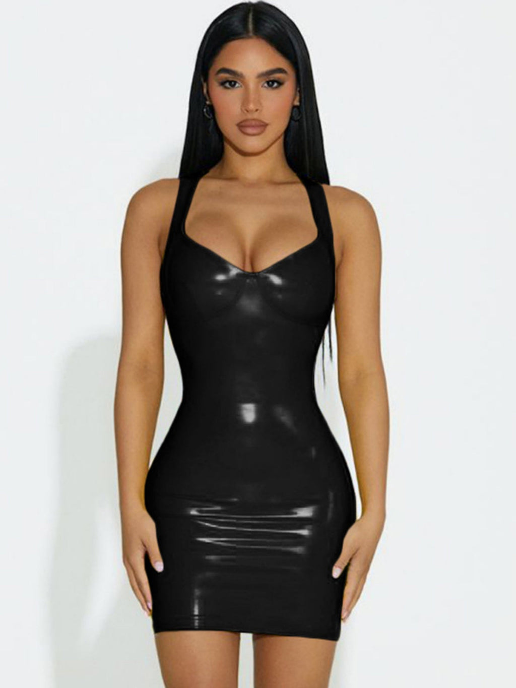 PU Glossy Leather Waist-cinching And Hip-hugging Camisoles Mini&Short Dresses