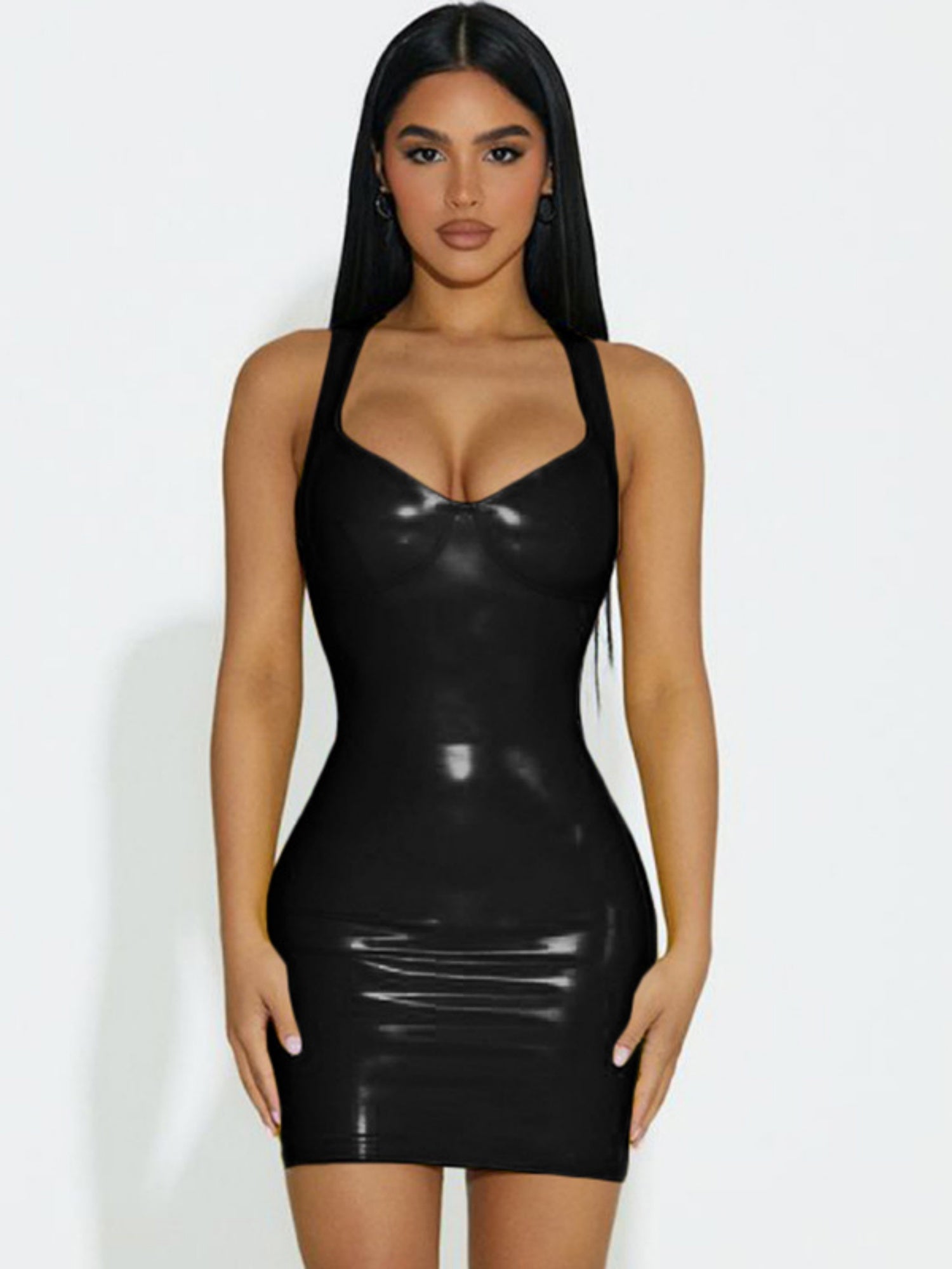PU Glossy Leather Waist-cinching And Hip-hugging Camisoles Mini&Short Dresses