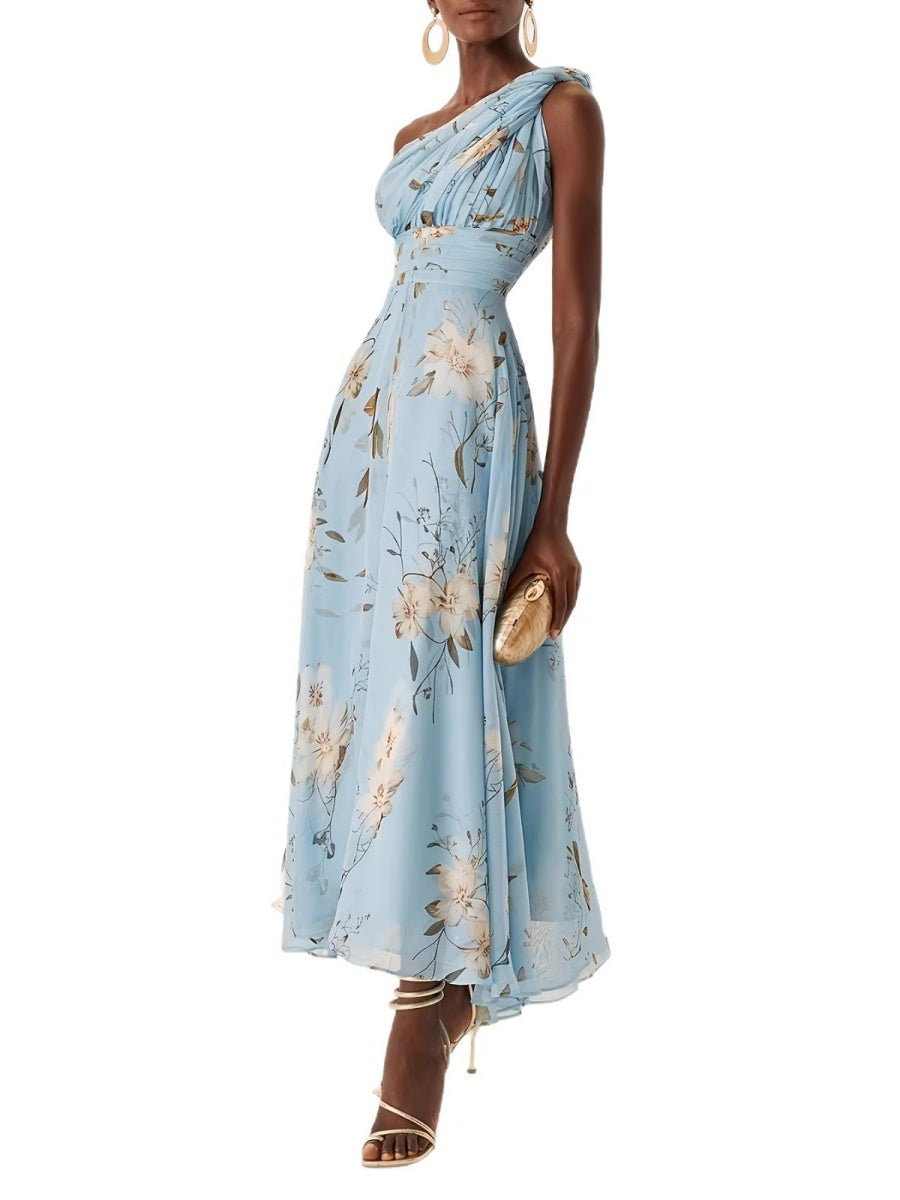 One Shoulder Grace Floral Print Chiffon Vacation Reunion Maxi Dresses