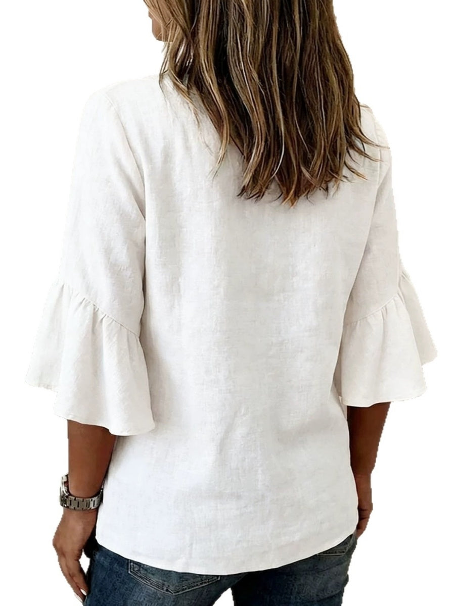V-neck Solid Color Button Casual Ruffle Sleeve T-shirt