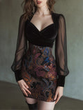 Mesh Splicing Printed Hip-hugging Mini&Short Dresses