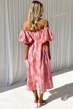 Off Shoulder Ruched Bust Puff Sleeve Floral Jacquard Midi Dress