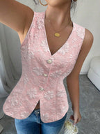Jacquard Pearl Buttons V-neck Sleeveless Tank Tops&Camis