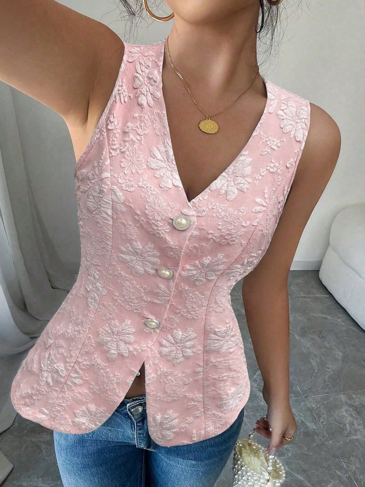 Jacquard Pearl Buttons V-neck Sleeveless Tank Tops&Camis