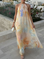 Halter Big Backless Bandage Loose-fit Printed Maxi Dresses