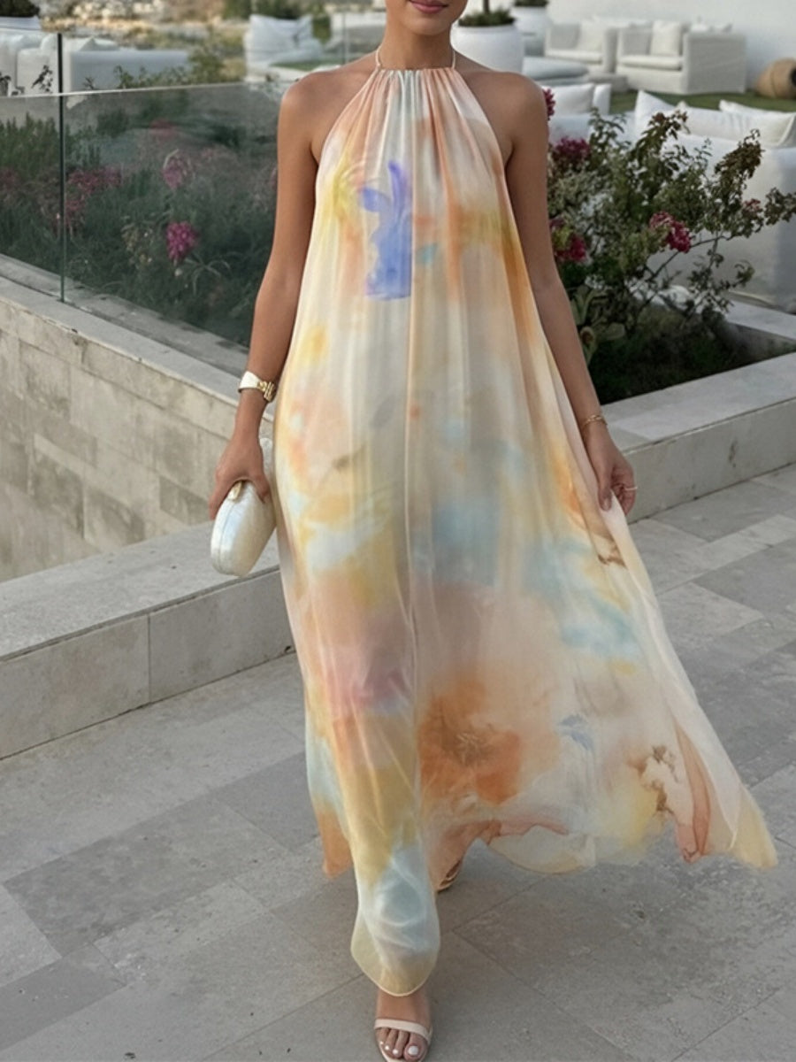 Halter Big Backless Bandage Loose-fit Printed Maxi Dresses