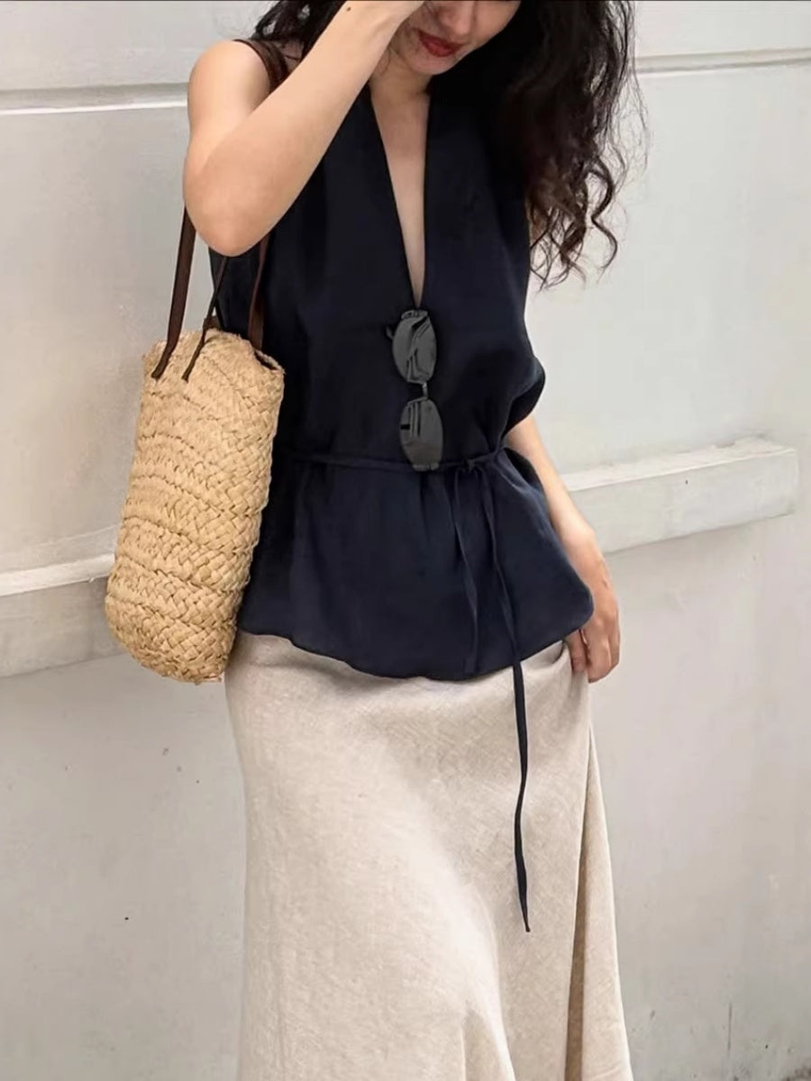 Cotton Blend Halter Navy Blue Lace Up Comfort Temperament Commuting Tank Tops