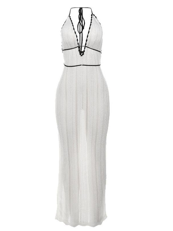 V-neck Halter Neck Backless Knitted Beach Maxi Dress