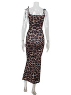 Leopard Print High-waisted Halter Top Split Hip Wrap Maxi Dresses