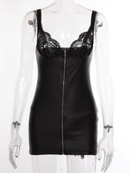 Patent Leather Lace Patchwork Zipper Mini&Short Dresses