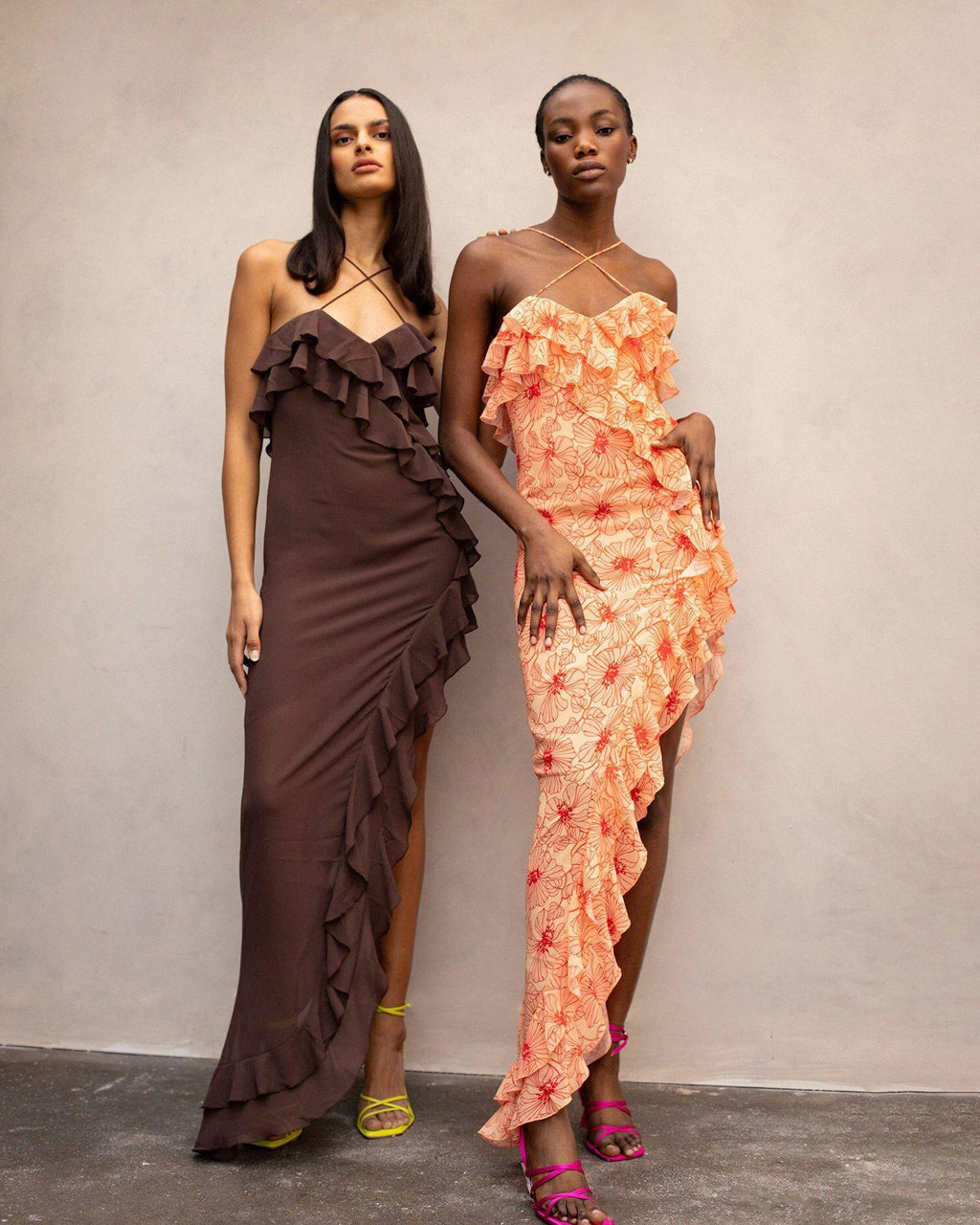 Wood Ear Cross Chiffon Floral High Slit Maxi Dresses