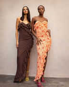 Wood Ear Cross Chiffon Floral High Slit Maxi Dresses