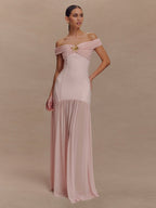 Mesh Splicing Off-shoulder Pleated Backless Maxi Dresses