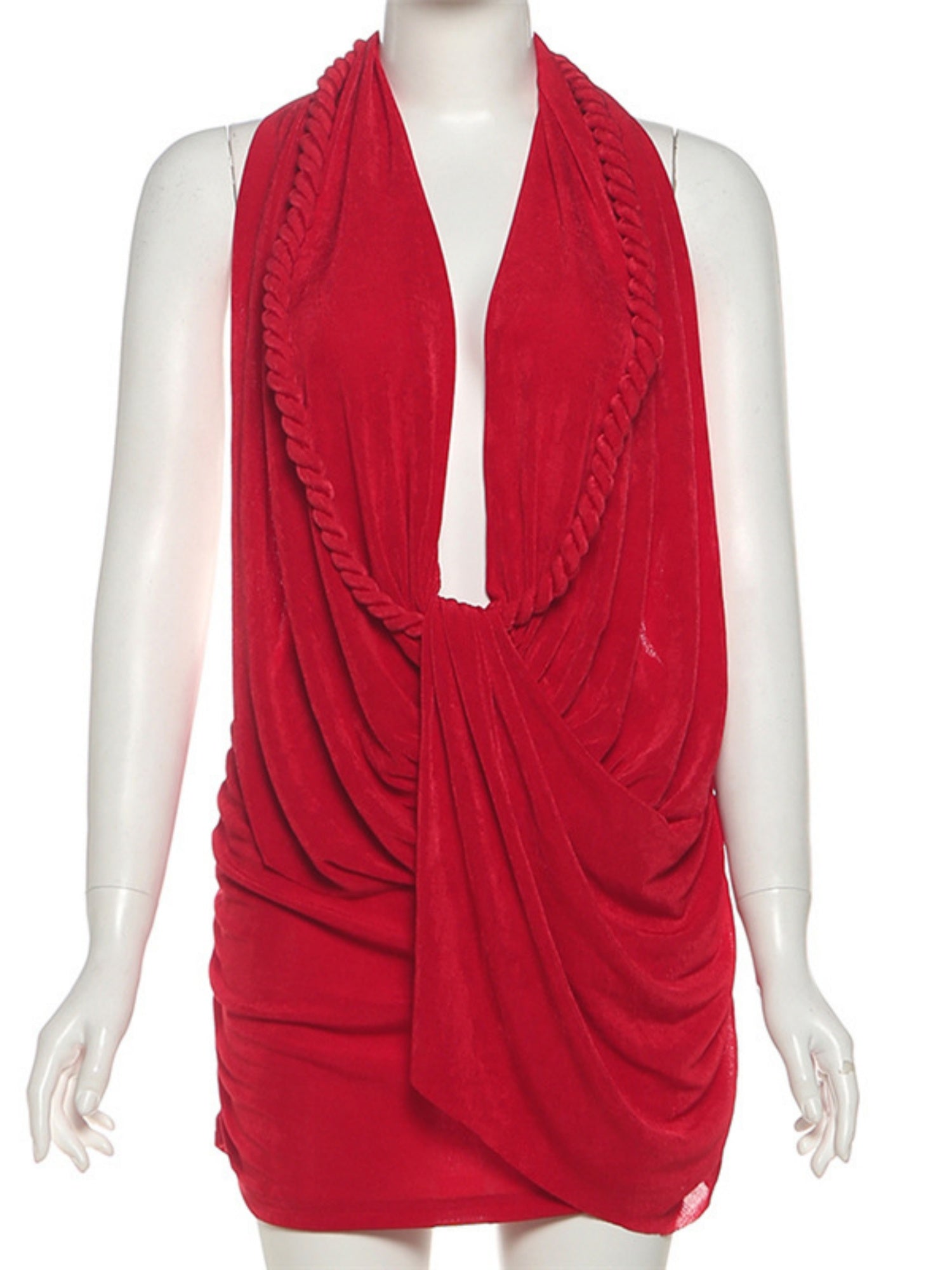 Pleated Deep V Halter Neck Exposed Backpack Buttocks Mini&Short Dresses