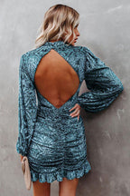 Burnout Velvet Mock Neck Damask Bishop Sleeve Ruched Flounce Mini Dress