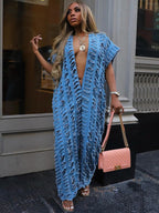 Denim Hole Deep V Short Sleeve Loose-fit Jumpsuits