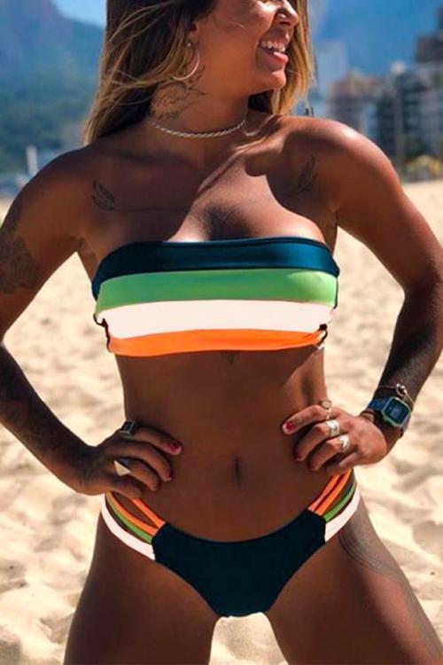Rainbow Striped Tube Top Bandeau Bikini Set