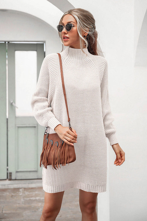 Ribbed Knit Mock Neck Balloon Sleeve Oversized Sweater Mini Dress