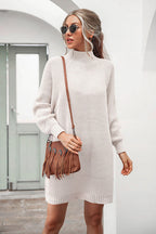 Ribbed Knit Mock Neck Balloon Sleeve Oversized Sweater Mini Dress