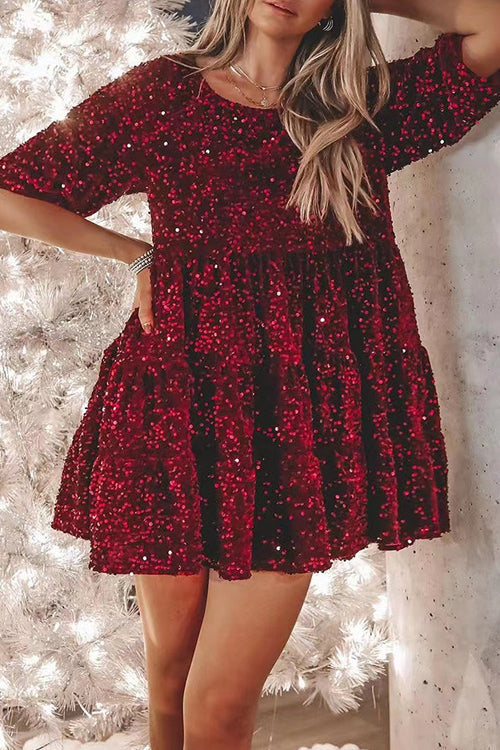 Sequin Tiered Ruffle Short Sleeve Babydoll Mini Dress