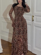 Leopard Print Chiffon Lotus Leaf Sleeves Splicing Maxi Dresses