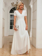 Lace Trim Splicing Chiffon Waist V-neck Maxi Dresses