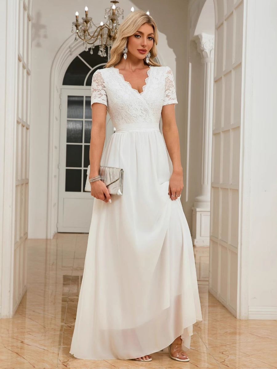 Lace Trim Splicing Chiffon Waist V-neck Maxi Dresses