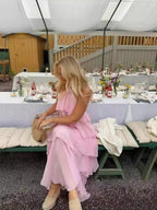 Halter Backless Cake Skirt Pink Yellow Maxi Dress