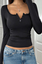 Lacework Button-down Ribbed Knit Tops