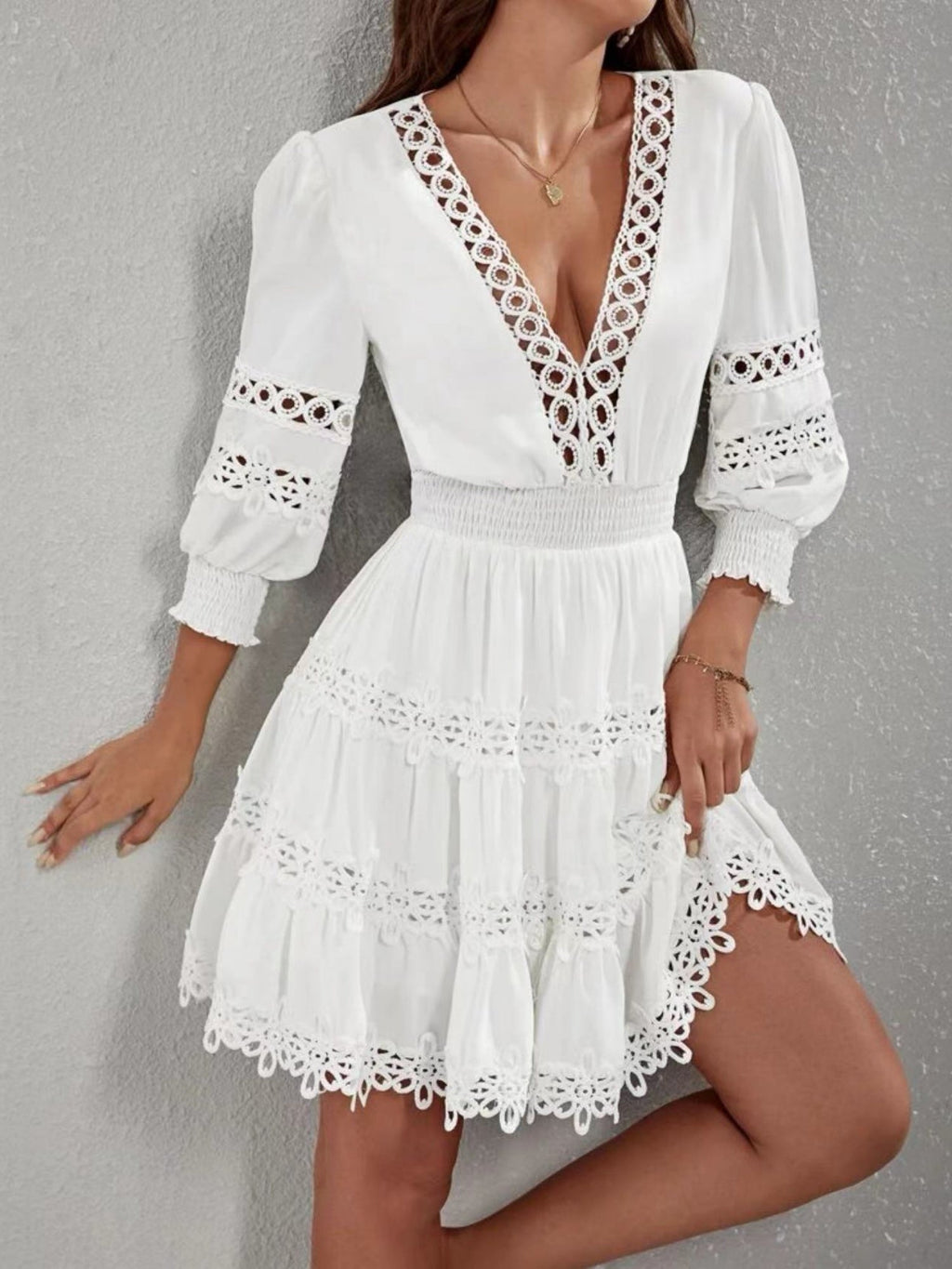 Lace Trim Hollow Out V-neck Long Sleeve Mini&Short Dresses