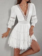 Lace Trim Hollow Out V-neck Long Sleeve Mini&Short Dresses