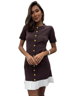 Contrasting Edges Slim-fit Button Short Sleeve Ruffle Mini&Short Dresses
