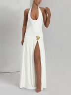 Halter-neck, Backless, Fitted, Solid Color, Slit Long Dress