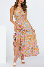Criss Cross Halter Backless Cut Out Slit Floral Maxi Dress