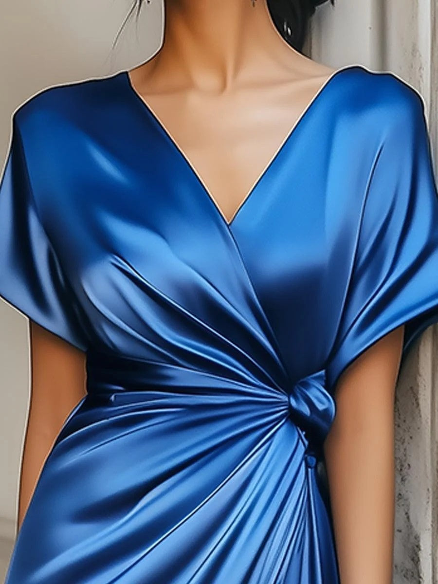 V-neck Short Sleeve Solid Color Satin Maxi Dresses