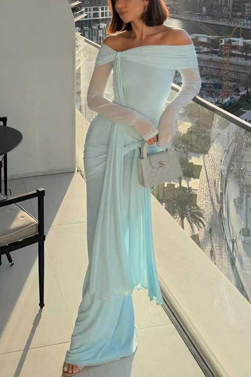 Off Shoulder Long Sleeves Knot Waist Draped Maxi Dress