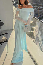 Off Shoulder Long Sleeves Knot Waist Draped Maxi Dress