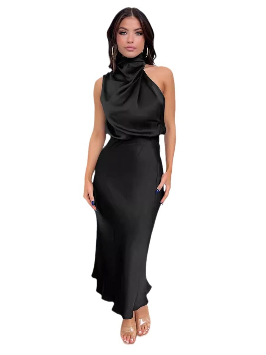 Satin Sleeveless Solid Color Halter Neck Long Dress