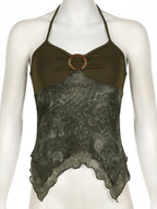 Metal Buckle Pleated Halter Neck And Backless Tank Top