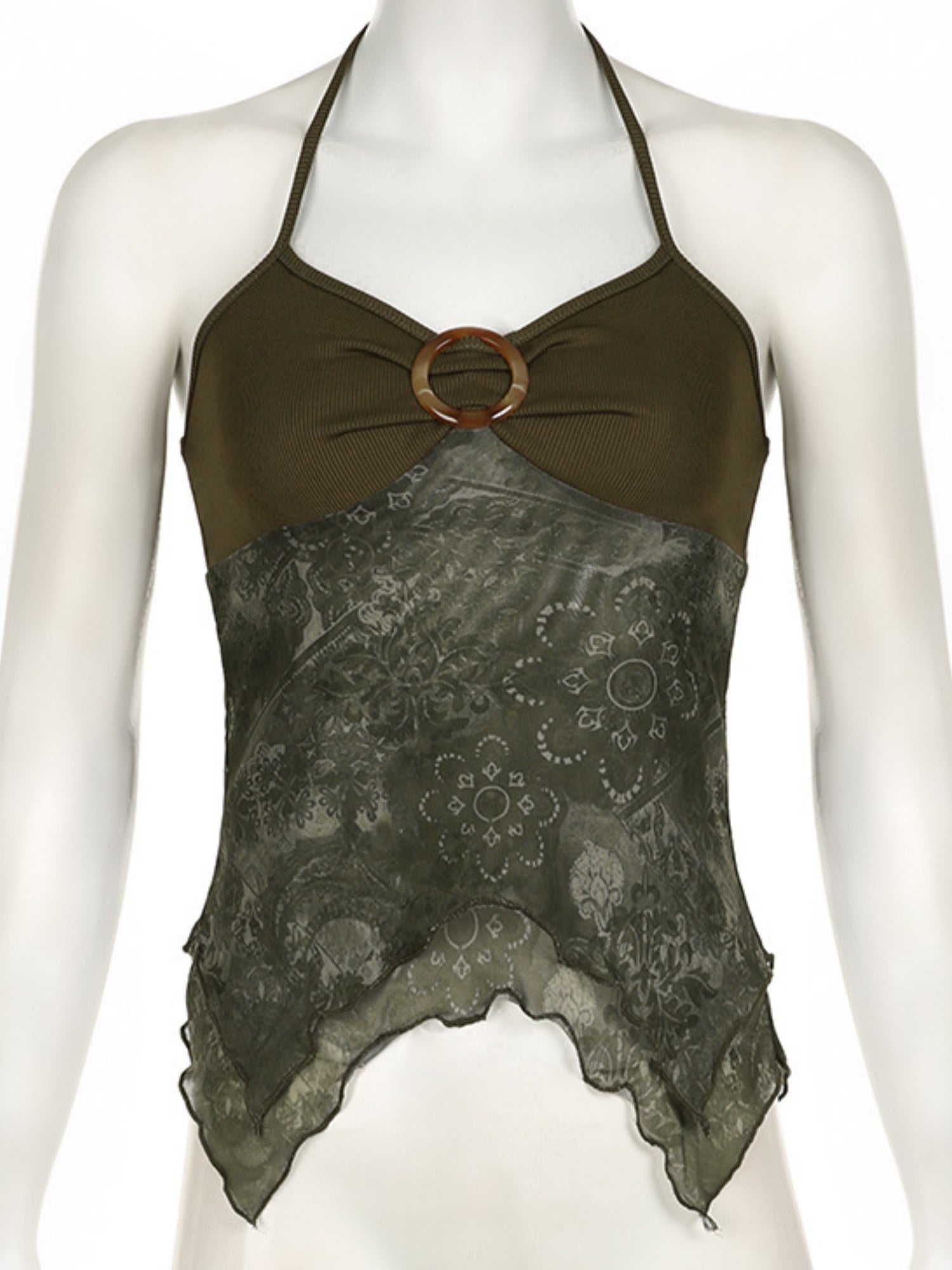 Metal Buckle Pleated Halter Neck And Backless Tank Top