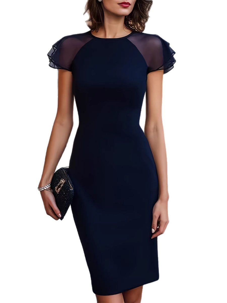 Mesh See-through Short-sleeved Patchwork Ruffle Temperament Commuting Reunion Mini&Short Dresses