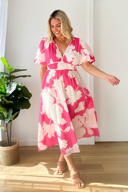 Abstract Geometric Print Deep V-Neck Puff Sleeve Cinched Waist Maxi Dress
