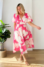 Abstract Geometric Print Deep V-Neck Puff Sleeve Cinched Waist Maxi Dress