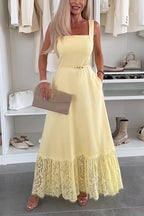 Square Neck Pocketed Lace Splice Maxi Cami Dress